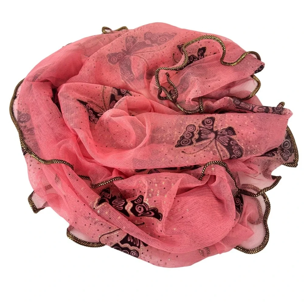 Butterfly Print Mesh Scarf Women OS Pink Sleeveless Glitter Lettuce Edge Sheer